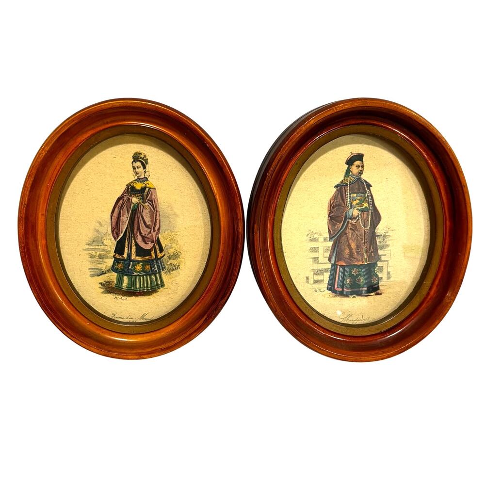 Pair of wooden oval frames with vintage Asian Mandarin prints man & woman